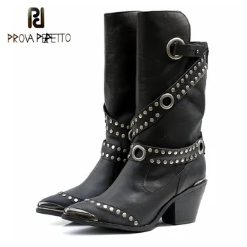 

Prova Perfetto Rivet Pointed Toe Luxury Brand Women Winter Boots Genuine Leather High Heel Chunky Metal Stud Mid-calf Boots