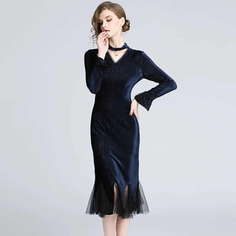 

Photo Shoot 2018 New Products Autumn Europe And America Fashion WOMEN'S Dress-Style Liangsi Gauze Joint Sheath Fish Dress