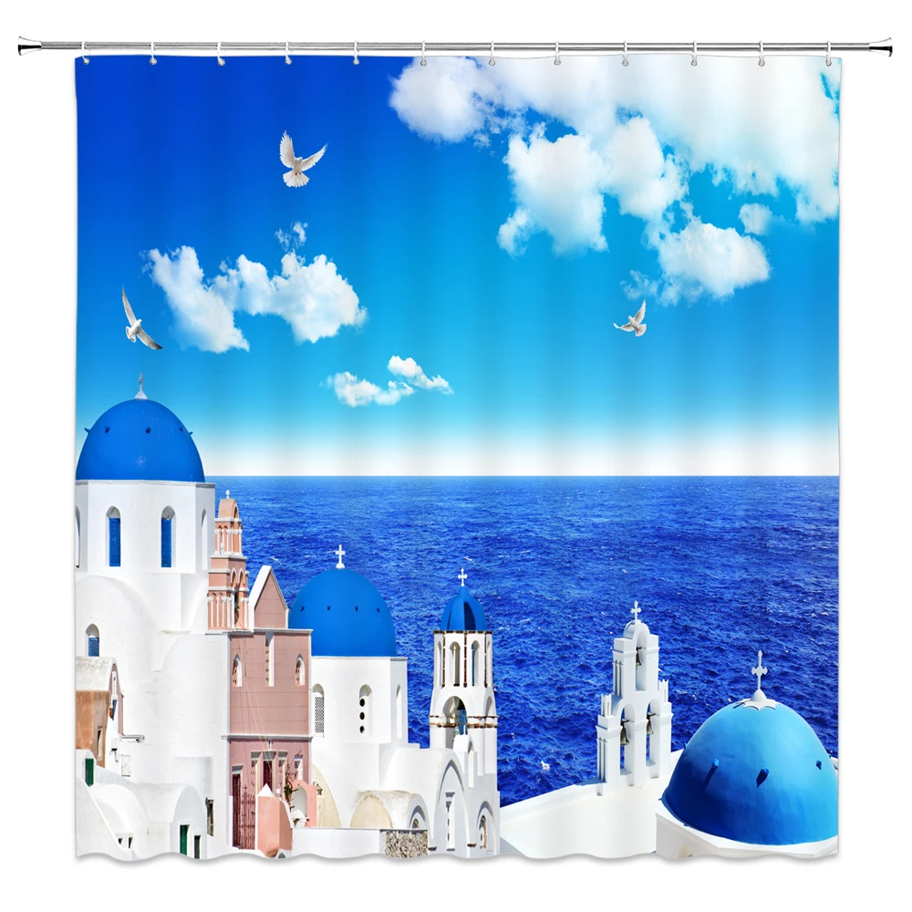 

European Cityscape on the Edge of Cliff Greece Island Land with Mediterranean Culture Decor Polyester Bathroom Shower Curtain