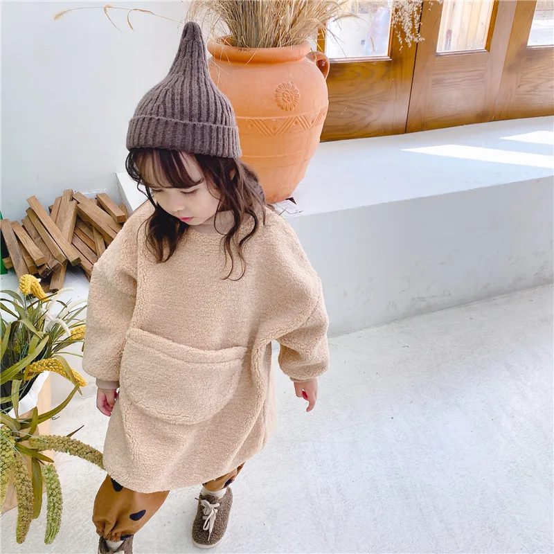 Girl Clothes Sweater Children Clothing Autumn And Winter New Girls Lamb Cashmere Korea Plus Velvet Long Sweater Kids Tops