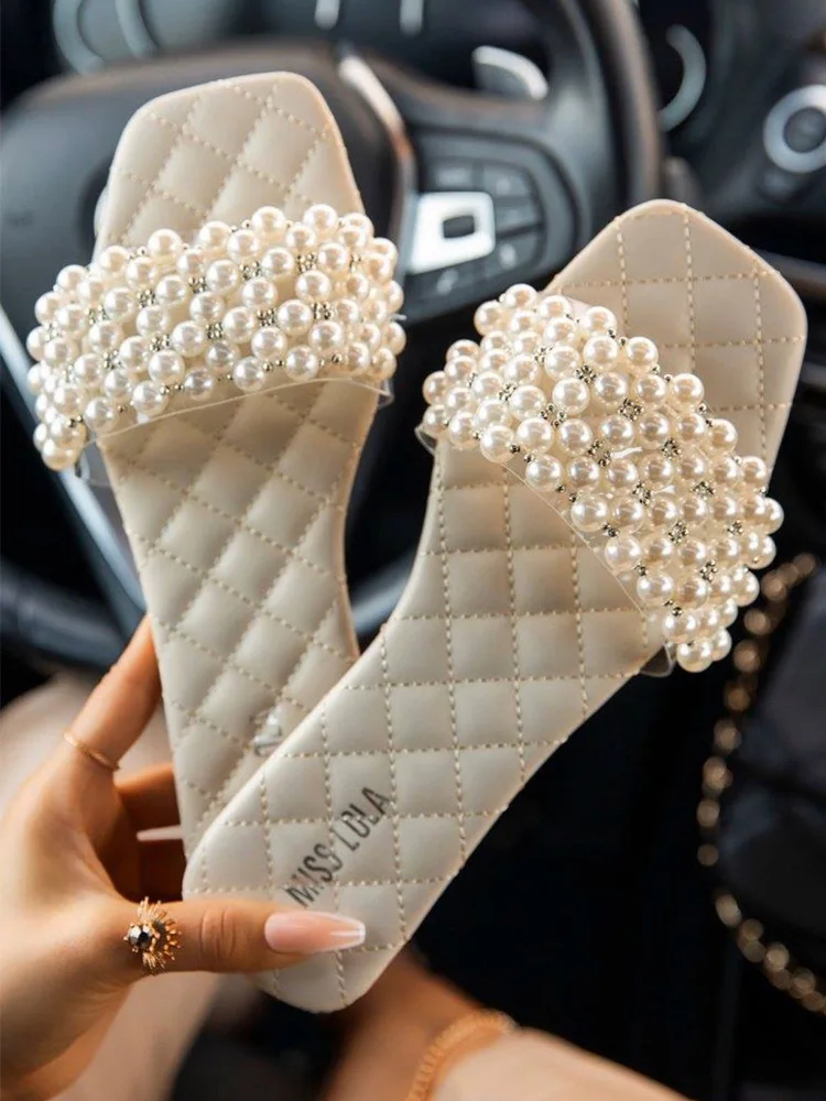 

2021 Ladies Pearl Sandals Slippers Square Head Slippers Summer Fashion Outdoor Flat Square Root Beach Slippers