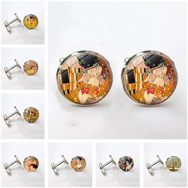 

High Quality Cufflinks Jewelry with Silver Color Gustav Klimt The Kiss Pattern Glass Cabochon Luxury Cufflinks for Men