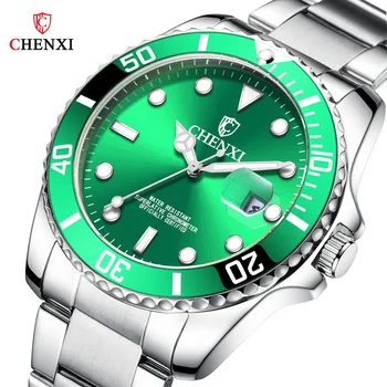 

Hot Luxury Silver Men Watches Classic Green Stainless Steel Waterproof Casual Business Man's Sport Quartz Wristwatches Calendar