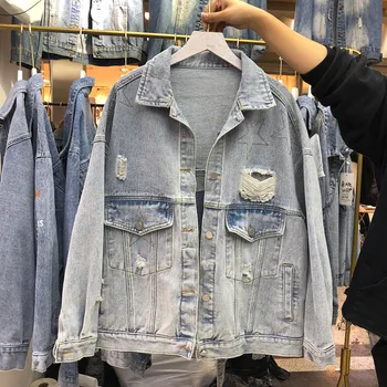 

Denim Jacket Women's Loose Korean-Style 2020 Spring New Bf Jeans Coat Jackets Woman Casual Top Outwear Students Holes Jackets