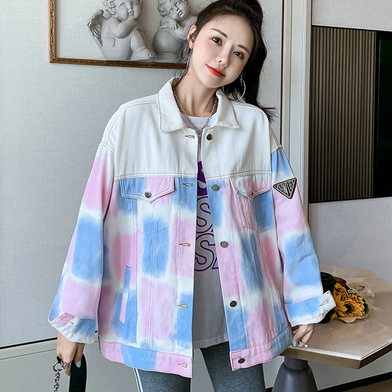 

Casual tie-dye denim jacket female Nice spring and autumn Pop Korean loose design niche Vogue gradient color Pop