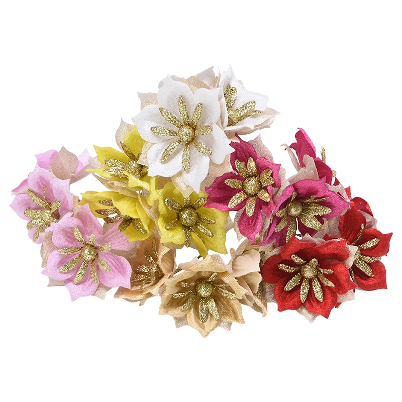 

15 pieces / 5 bundles Shiny Rose Cloth 7cm Artificial Flowers for Home Decorations Wedding Party Xmas Tree Flower Decor