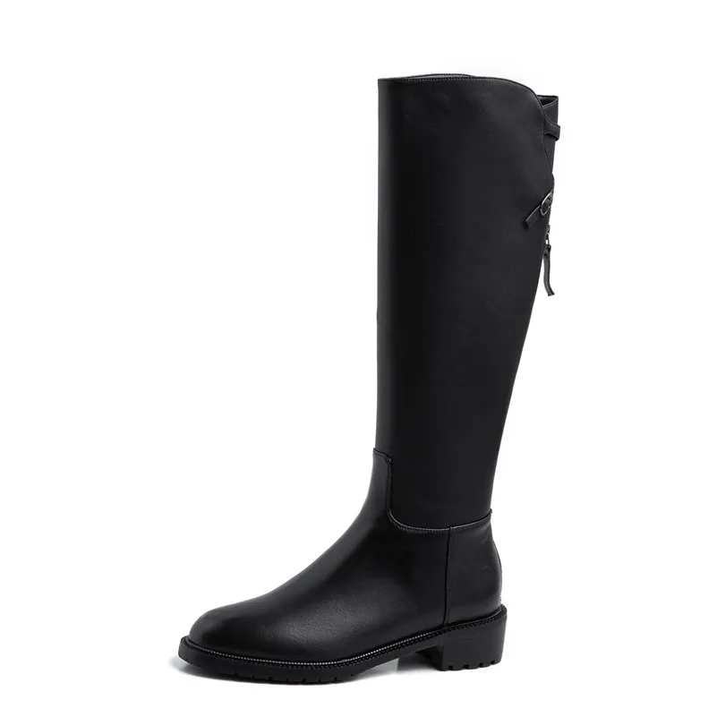 Black Synthetic Lini Meotina/осенние сапоги для верховой езды; женские сапоги до колена из натуральной кожи на плоской подошве; обувь на молнии с круглым носком; женская зимняя обувь; размеры 34-39 - Цвет: Black Synthetic Lini