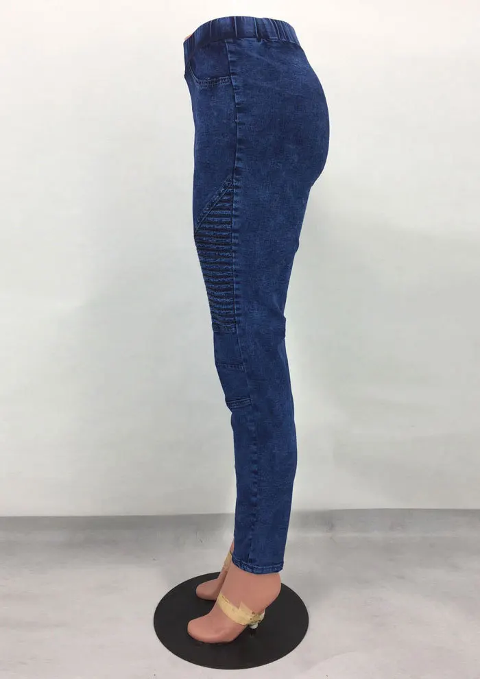 Autumn Winter Fitness Skinny Denim Jeans Women Casual Pencil Pants Pleated Stretch Elastic Waist Jean Bodycon Trousers S-XXL