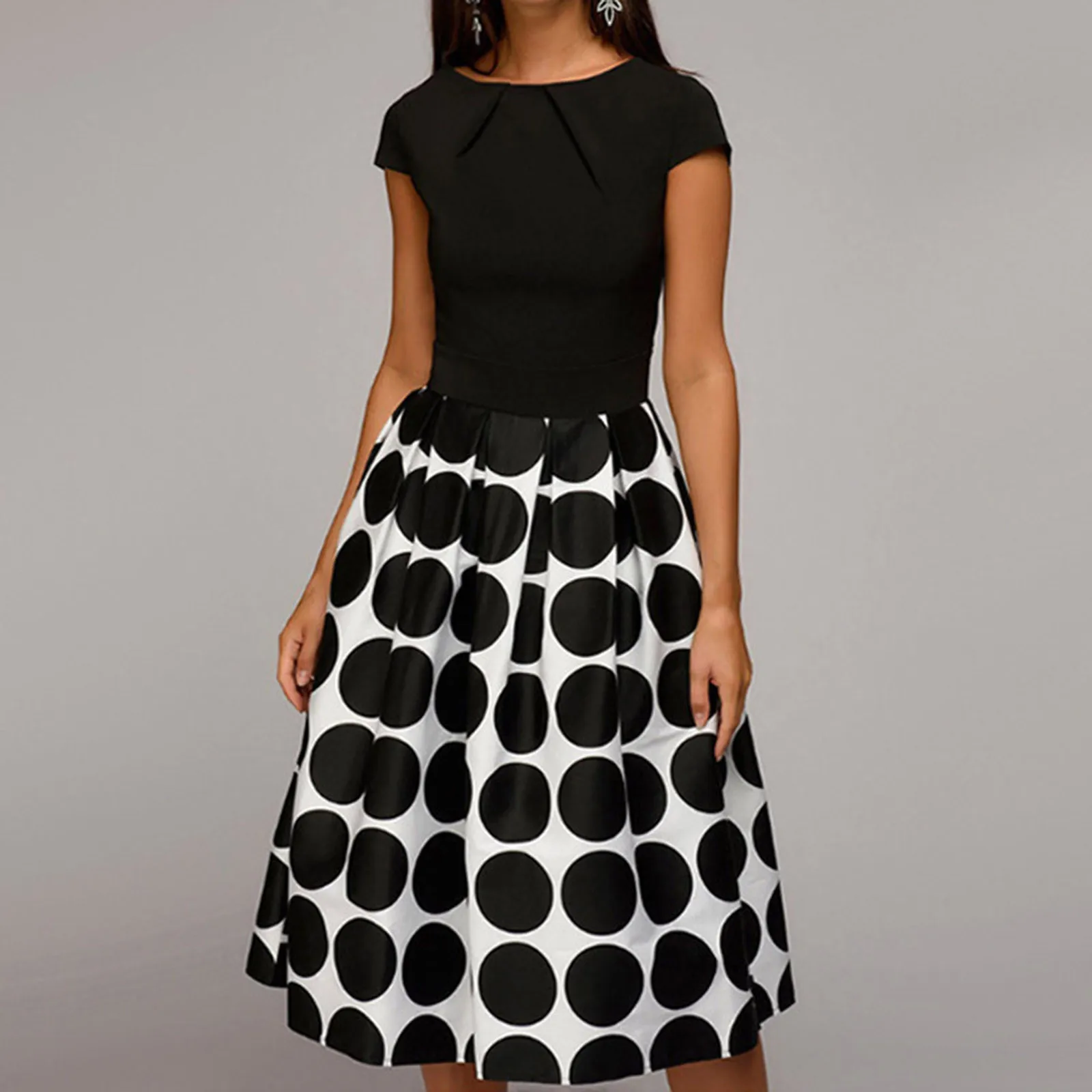 #40 elegante Polka Dot Vestido de las mujeres de bolsillo de la rodilla-longitud empalme manga corta vestidos para las mujeres Vestido Club de verano Vestido
