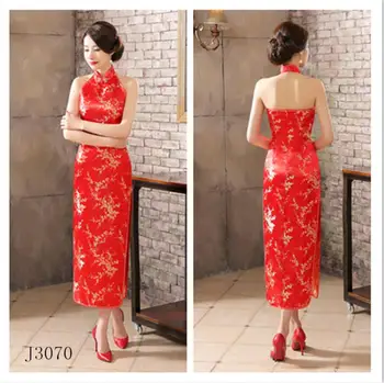 

Navy Blue Vintage Lady Satin Evening Dress Chinese Novelty Backless Cheongsam Qipao Flower Chinese Traditional Dress