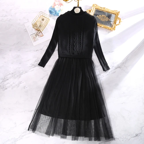 Mori Girl осень зима элегантный свитер платье круглый вырез лоскутное сетки Femininos Vestidos с длинным рукавом Повседневные теплые облегающие платья - Цвет: Черный