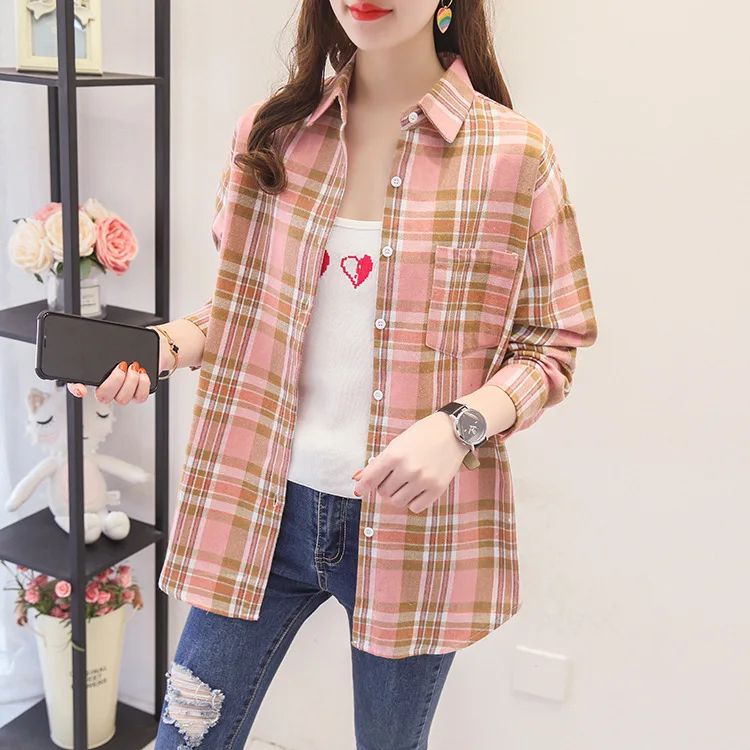 Autumn Plaid Shirts Womens Blouses And Tops Long Sleeve Loose Checked ...