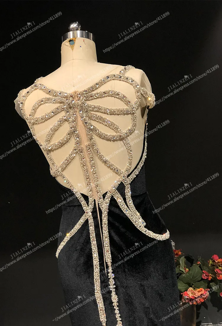 Rhine real Pictures Marchesa черный бархат с кристаллами Русалка сексуальная спина Арабский Вечерние платья Длинные