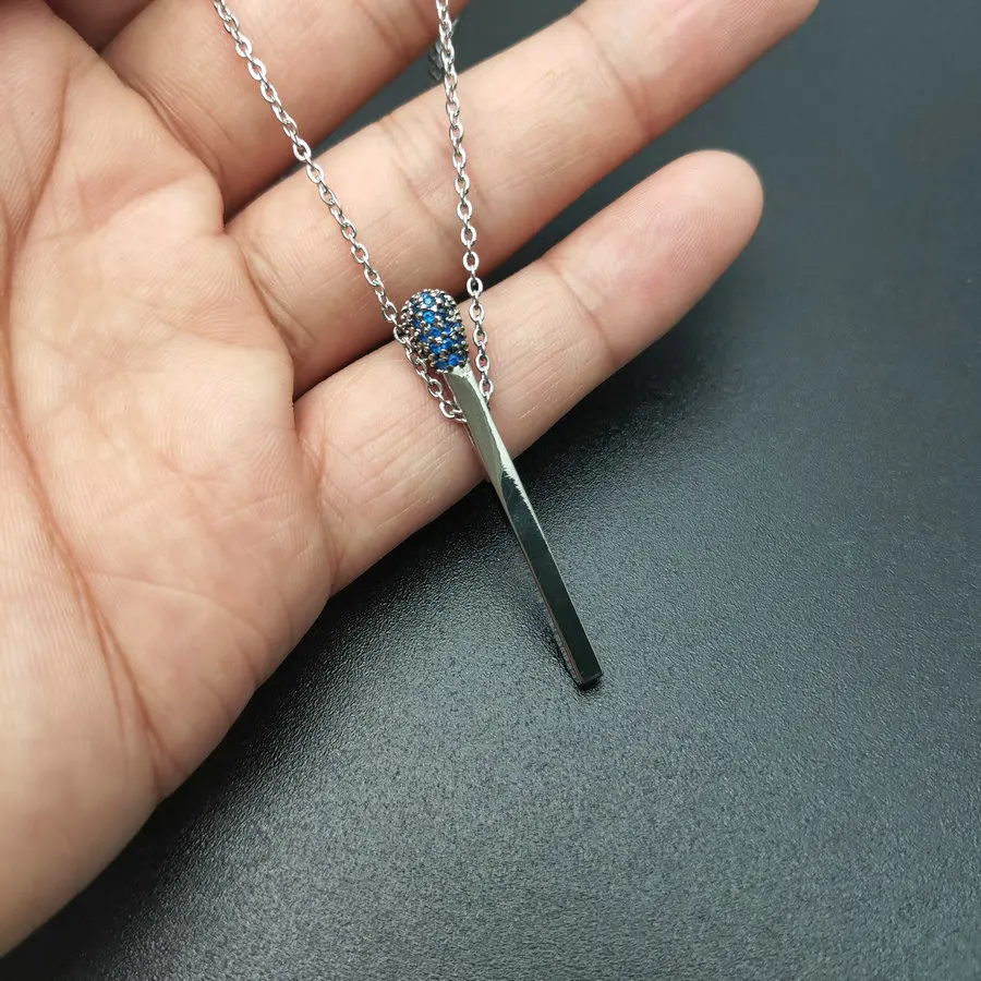 silver blue Золотые, серебряные, Matchstick, металлические подвески, черный CZ камень, установка спичек, цепочка из нержавеющей стали, ожерелье, модные женские ювелирные изделия - Окраска металла: silver blue