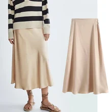 

Dave&Di 2021 Autumn England Style Fashion Solid Simple Satin Casual High Waist Faldas Mujer Moda Midi Skirt Women