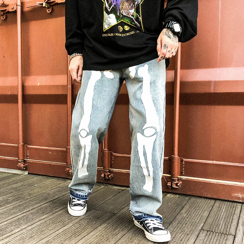 Men Jeans Reflective Bone Patterns 