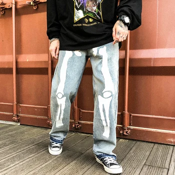 

Men Jeans Reflective Bone Patterns Loose Casual Wide Leg Jeans Male Streetwear Hip Hop Punk Gothic Harem Denim Pants Trousers