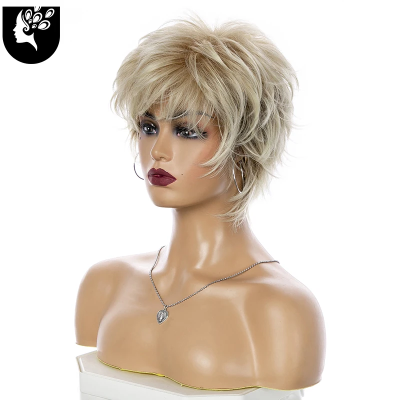 Short Blonde Straight Wave Wigs With Bangs Synthetic Natural Wavy Layered Hair For Women Heat Resistant Fiber Daily Cosplay Wigs