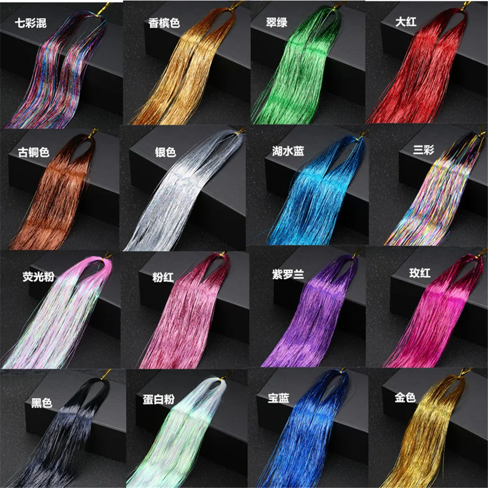 Tinsel Sparkle synthetic hair extension 93cm Holographic Glitter Colorful laser silk hair extension gold silk bing hair