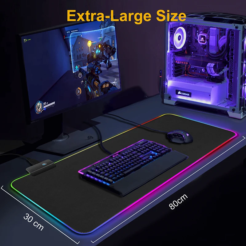 Игровой коврик для мыши с RGB подсветкой большой компьютерный размера XXL