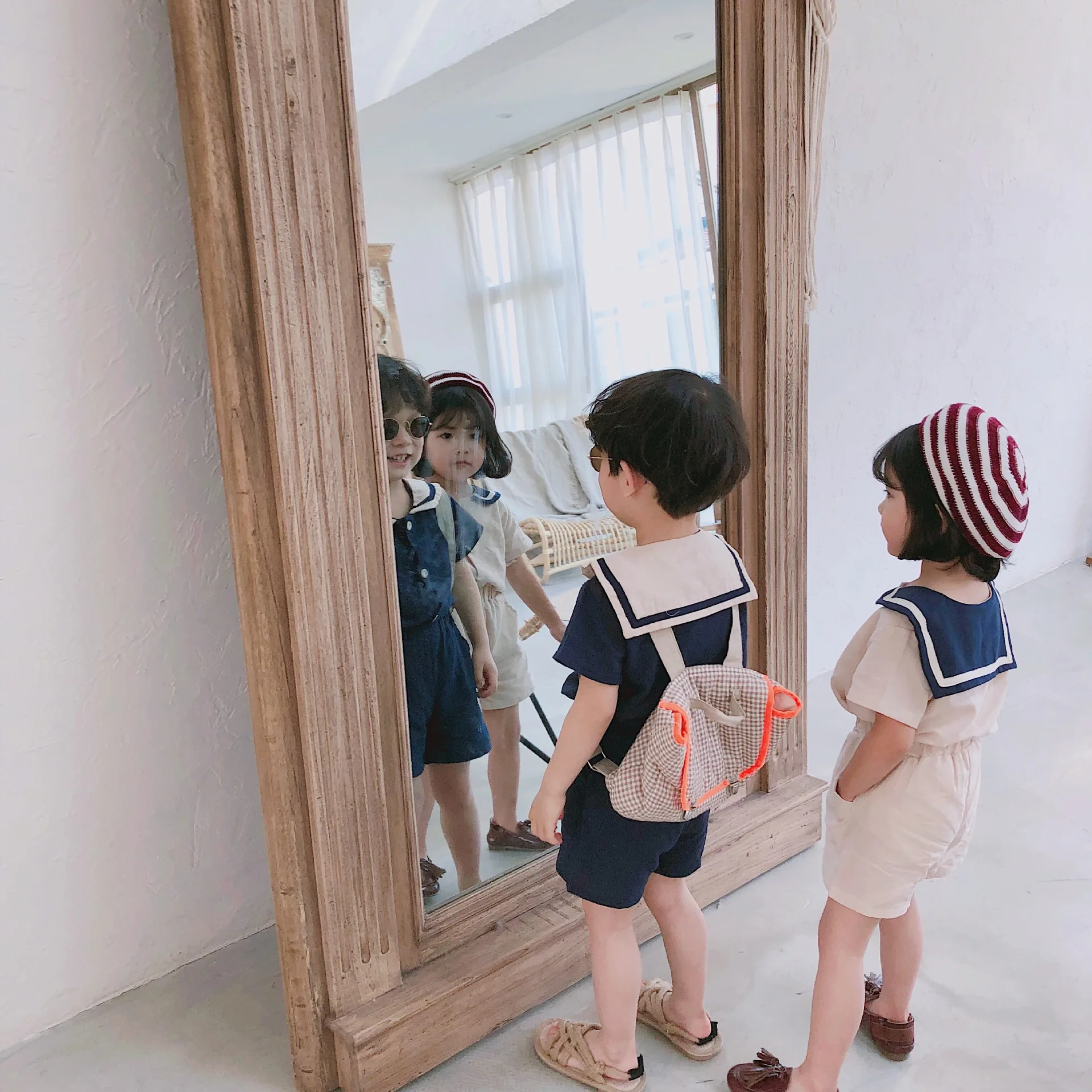 Kids Clothing Set Summer Korean Style Kids Sailor Collar Cotton Linen 2Pcs Suits Short Sleeve T Shirt + Shorts
