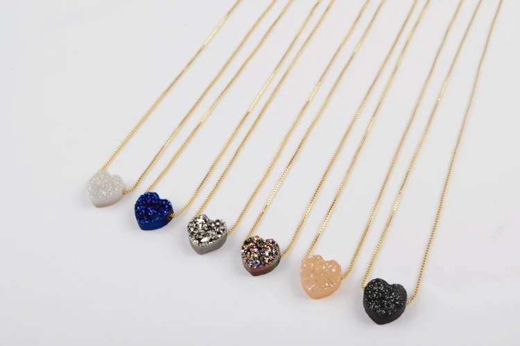 BOROSA, 5 шт., модное, Радужное, в форме сердца, титана, натуральный Druzy, подвеска, 16,5~ 17 дюймов, цепочка, регулируемое ожерелье для женщин G1889