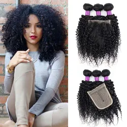 3 Bundles with Lace Closure Middle Part 200g/set Dark Brown Black Jerry Curly Remy Human Hair Weave 12-22 inch Mogul Hair