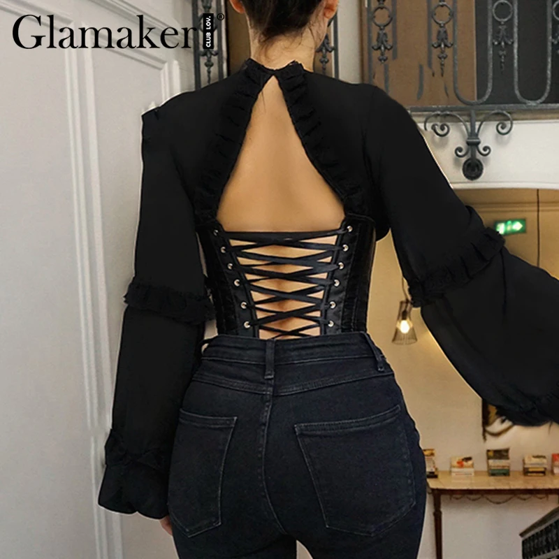 Glamaker, глубокий v-образный вырез, белая блузка, для женщин, с рюшами, рукав-фонарик, облегающая блузка, для девушек, из кусков, с вырезами, на шнуровке, сексуальная клубная рубашка