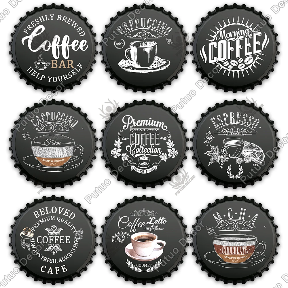 Putuo Decor Coffee Bottle Cap Metal Sign Plaque Metal Vintage Tin Sign Decor for Kitchen Cafe Pub Bar Club Home Wall Decoration