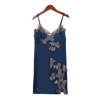

Flower Lace Sexy Nightgown Lady V-neck Backless Spaghetti Strap Nightdress With Bra Novelty 2020 Summer New Sleepwear