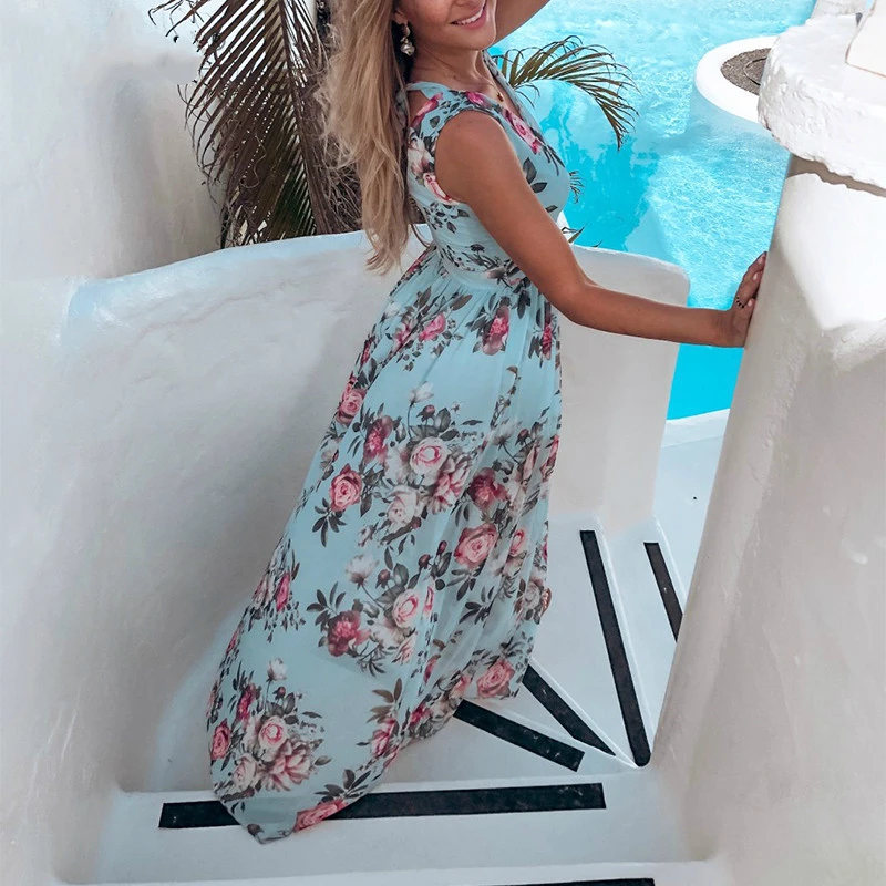 NEDEINS Women V Neck Split Dress Floral Print Long Summer Spaghetti Strap Party Pink Chiffon Elegant Casual Maxi Dresses Beach