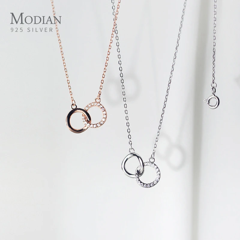 

Modian Simple Vintage Clear CZ Geometric Round Interlock 925 Sterling Silver Pendant for Women Link Chain Necklace Fine Jewelry