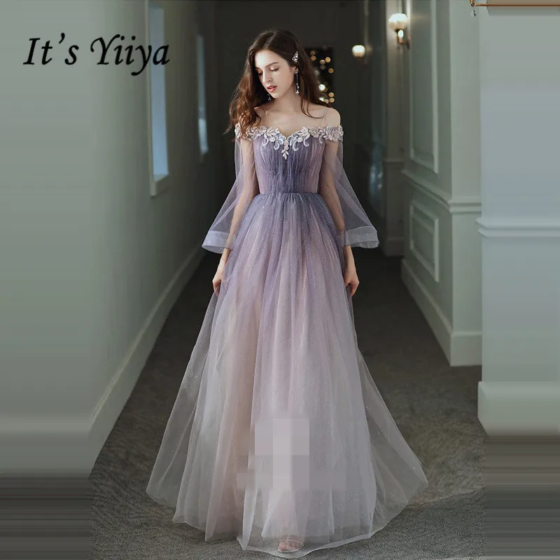 It's Yiiya Evening Dresses Purple Gradient Bling Evening Dress Elegant Boat Neck Long Party Gowns Appliques robe de soiree LF013