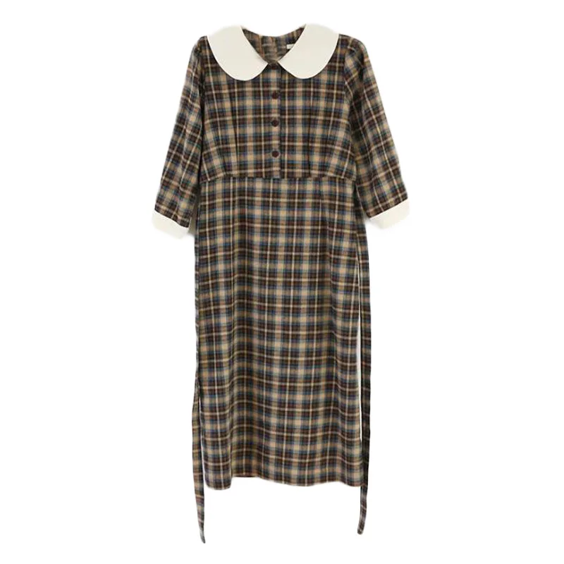 plaid dress Осенне-зимние Базовые платья Длинные женские милые платья в консервативном стиле для девочек с воротником Питер Пэн белые винтажные клетчатые рубашки платье хлопок 9015 - Цвет: plaid dress