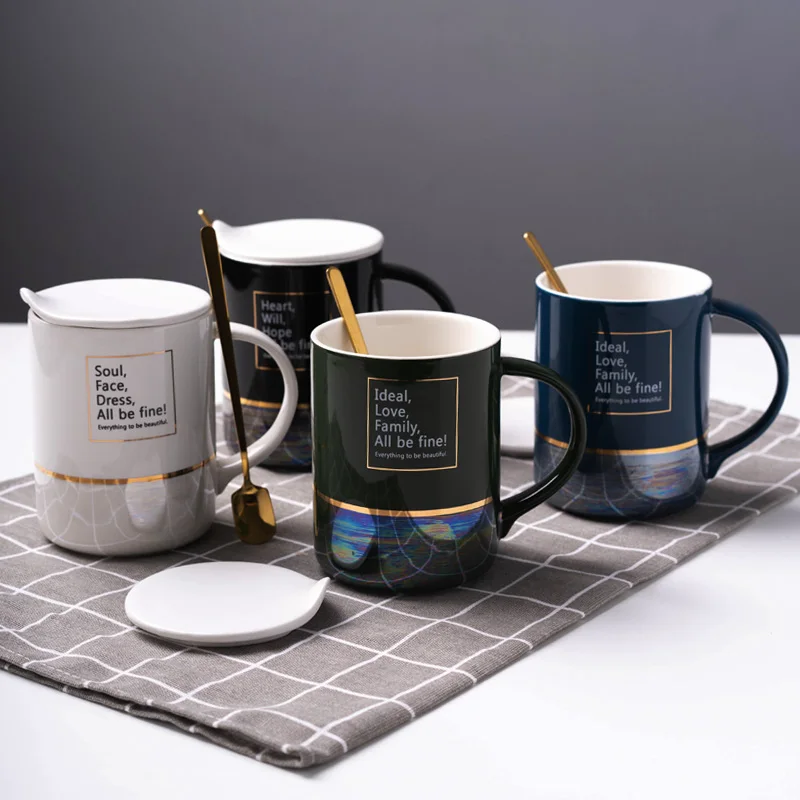 

New Design Gold Painted Ceramic Coffee Mug With Lid And Spoon Nordic Home Creative Porcelain As Gift Coffee Bar Household