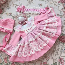 Комплект из 2 предметов; зимнее розовое плотное шерстяное винтажное бальное платье принцессы в стиле испанской Лолиты; кружевное платье для девочек на день рождения и Рождество