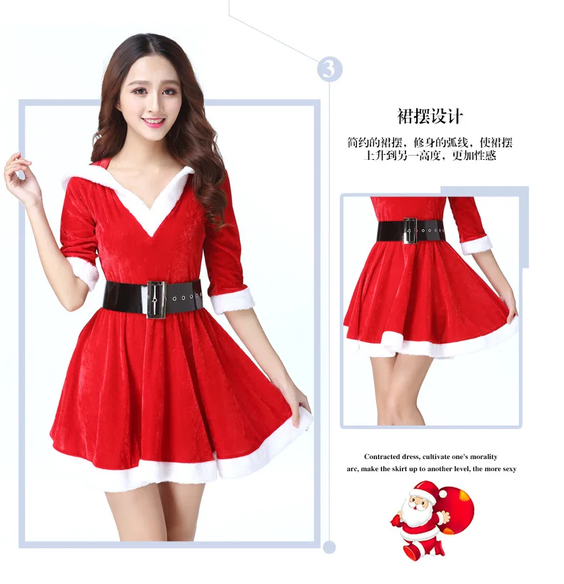 Christmas dress with belt Sexy womens Christmas costume Santa suit short sleeve plush warm fancy pleated dress