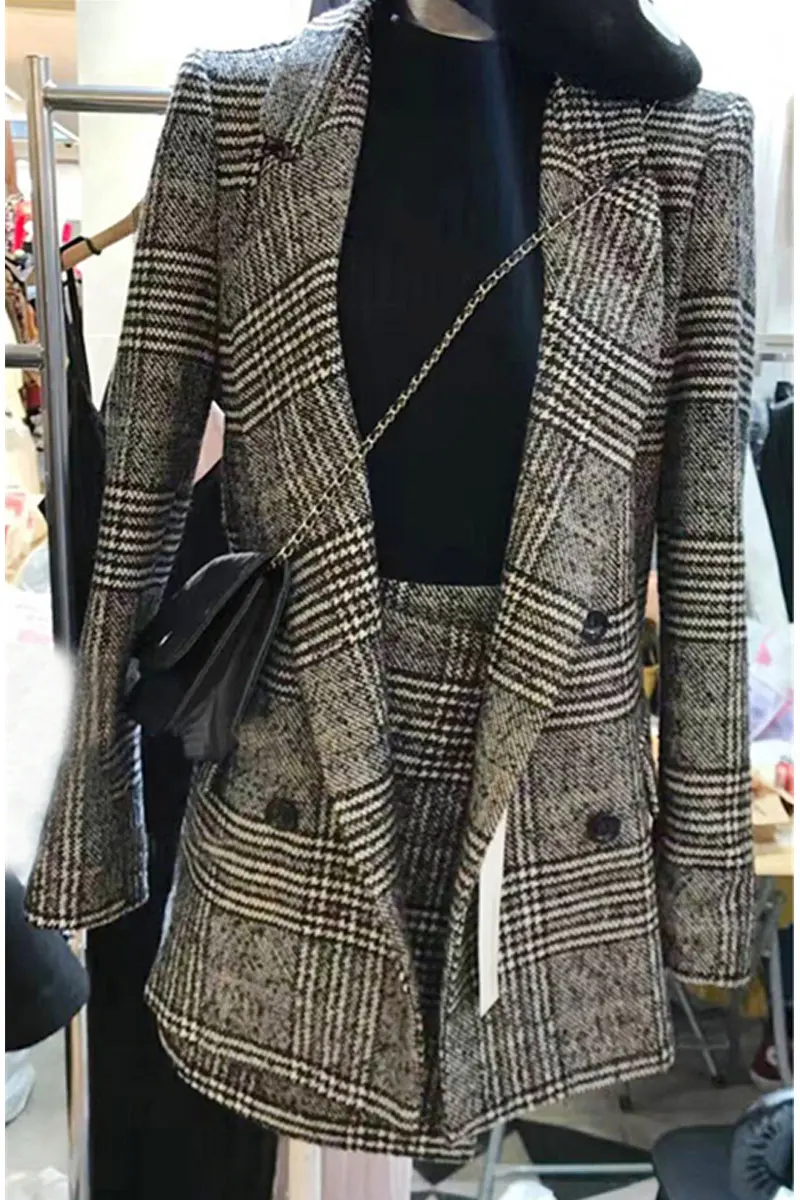 Женские шерстяные клетчатые костюмы куртка+ бедра юбка комплект из двух предметов осень зима британский костюм твид плед шерстяное пальто костюм женский