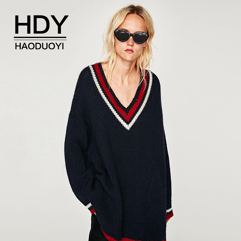 

HDY Haoduoyi Leisure Loose Simple Womens Female Splicing Preppy Style Long Sleeve V-Neck Knit Sweater