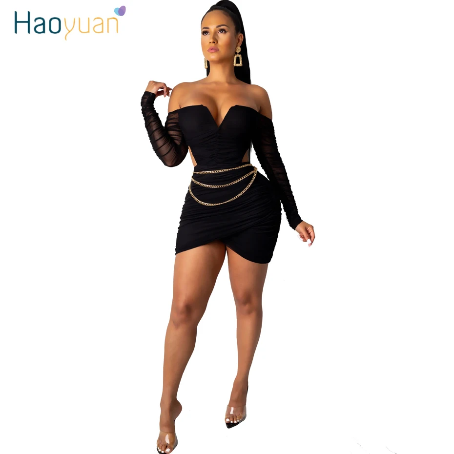 HAOYUAN пикантные сетчатые ночной клуб вечерние платье Для женщин Мини Vestido фестиваль Костюмы с низким вырезом на спине с открытыми плечами облегающие платья с длинным рукавом