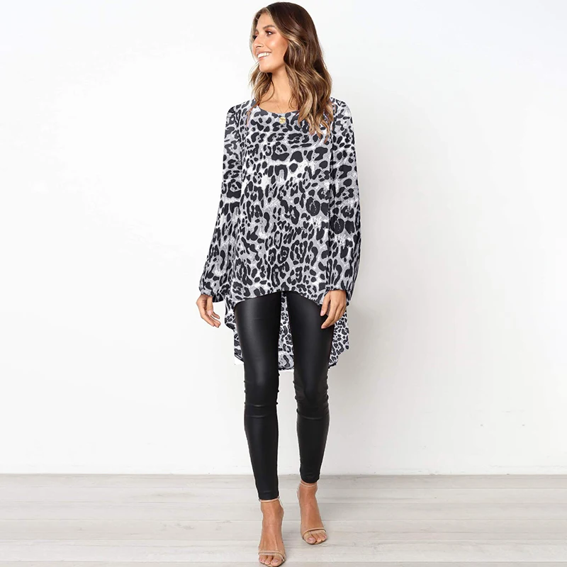 

Sexy Women Autumn Leopard Print Blouse Long Puff Sleeve O Neck Irregular Hem Casual Shirt Top