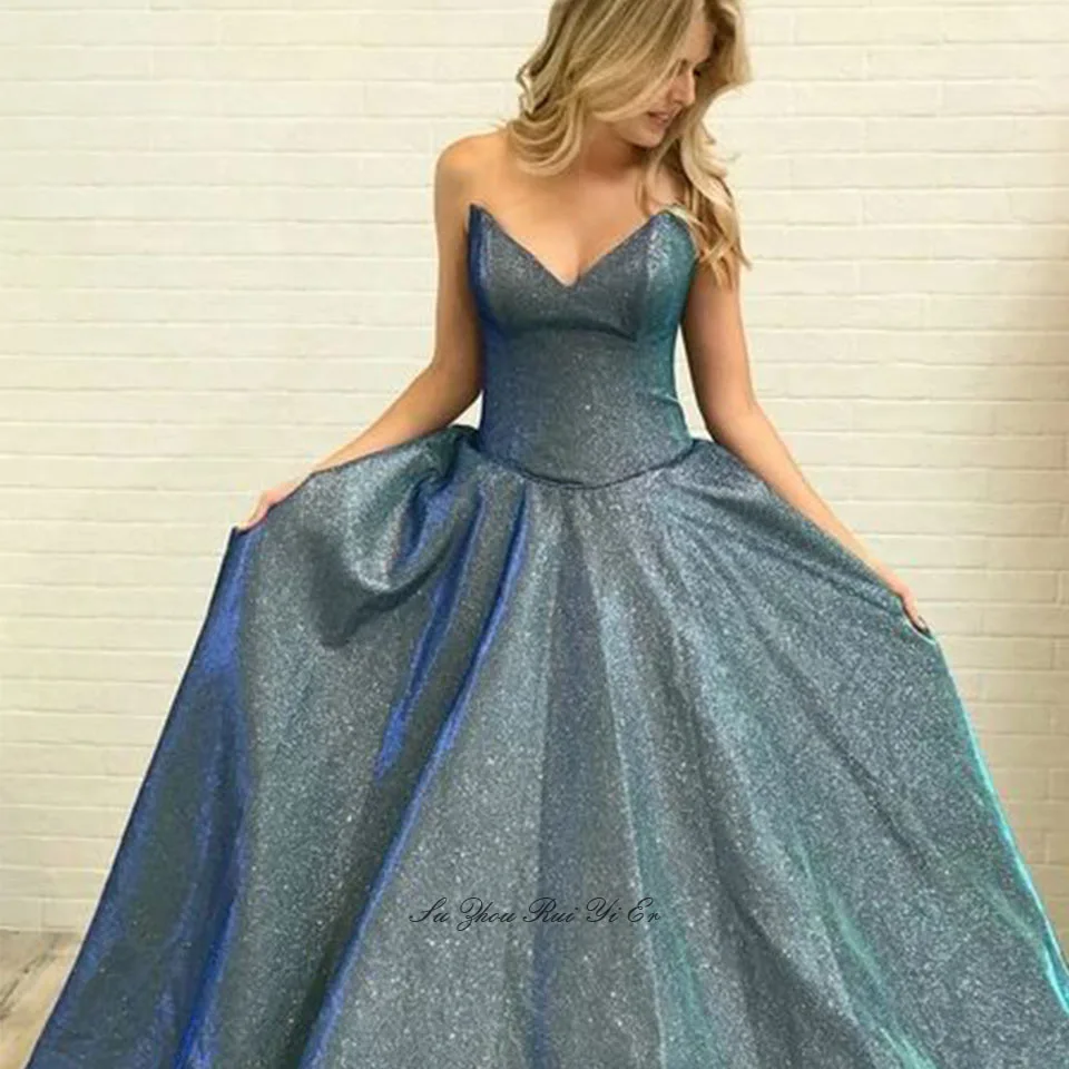 

Sexy Strapless Prom Dresses 2019 Sparkly Sweetheart Long Dress For Party Lace Up Back Floor Length A-line Formal Evening Gown