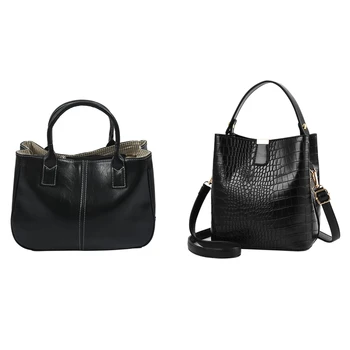

Fashion Woman Ladies Class PU Leather Satchels Tote Purse Bag Handbag - Black with Retro Alligator Bucket Bags Black