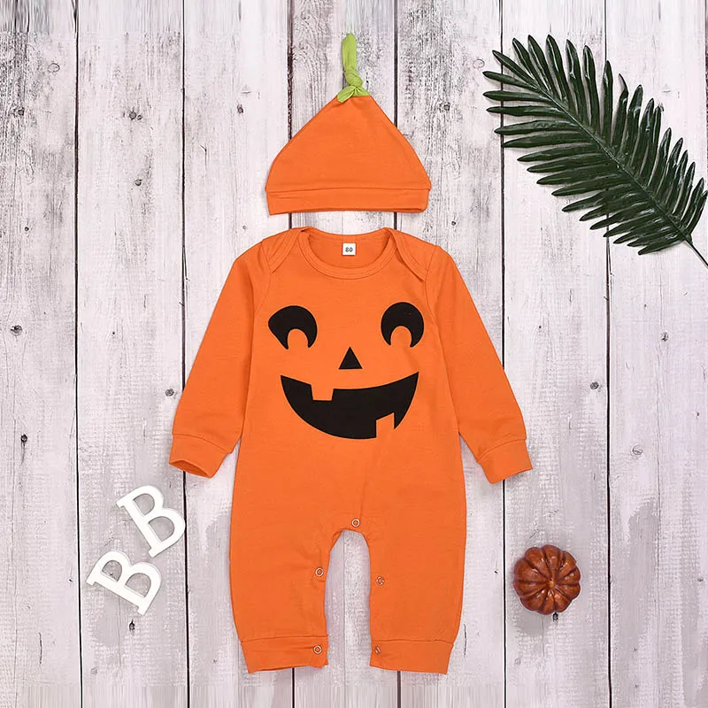 

Spring Autumn Halloween Costumes For Toddler 3M-2Y Casual Fashion Baby Printing Infant Long Sleeve Romper And Hat Kids 2Pcs