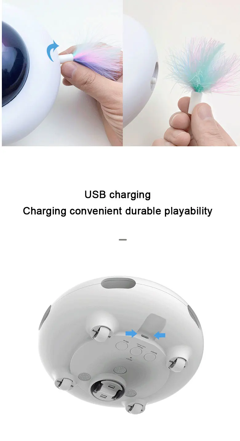 Inteligente, tocadiscos UFO oscilación automática juguetes cachorro gato dirección eléctrica juguete de persecución para mascotas de carga USB interactivo juguetes con plumas