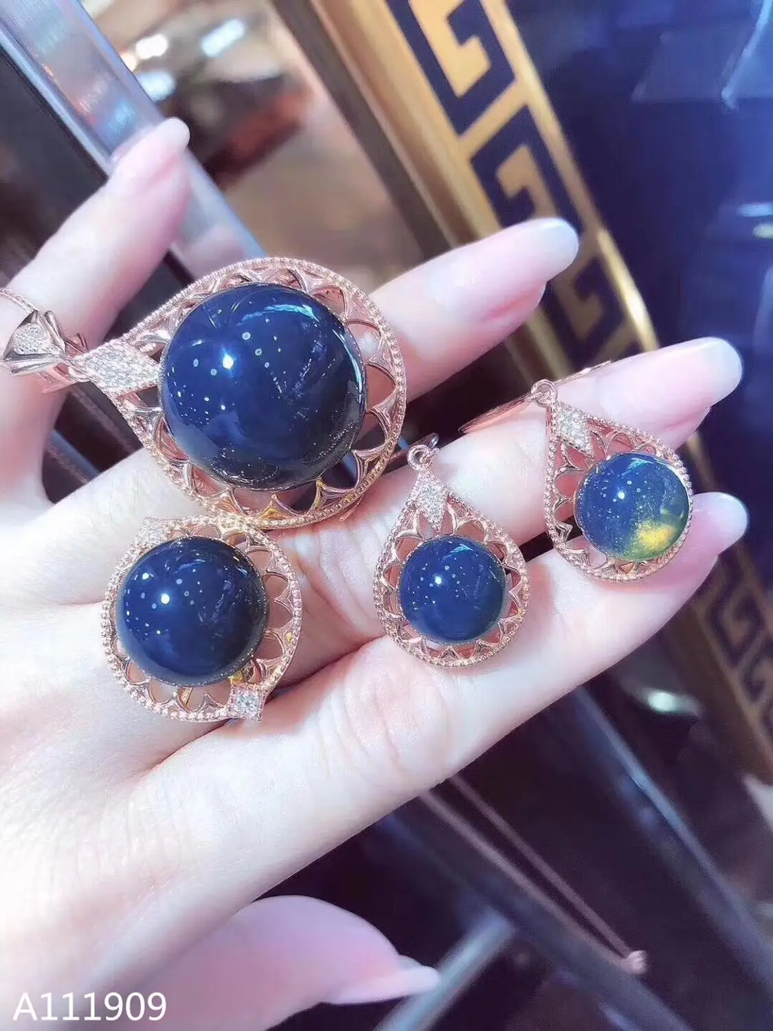 KJJEAXCMY boutique jewelry 925 sterling silver inlaid Natural Blue amber Necklace Earring Ring Set Support Test | Украшения и