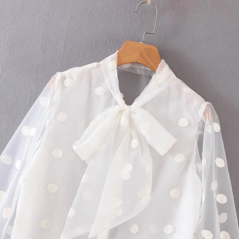 CS226 европейский дизайн белый цвет точка печати бант из ленточки прозрачная блуза из органзы Топы