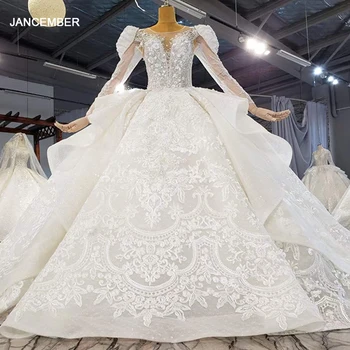 شراءفستان زفاف فاخر ومثير موديل HTL1998 مزين بالكريستال ومزين بالخرز على شكل حرف V لعام 2021 للنساء مزود بأربطة من الخلف بأكمام طويلة