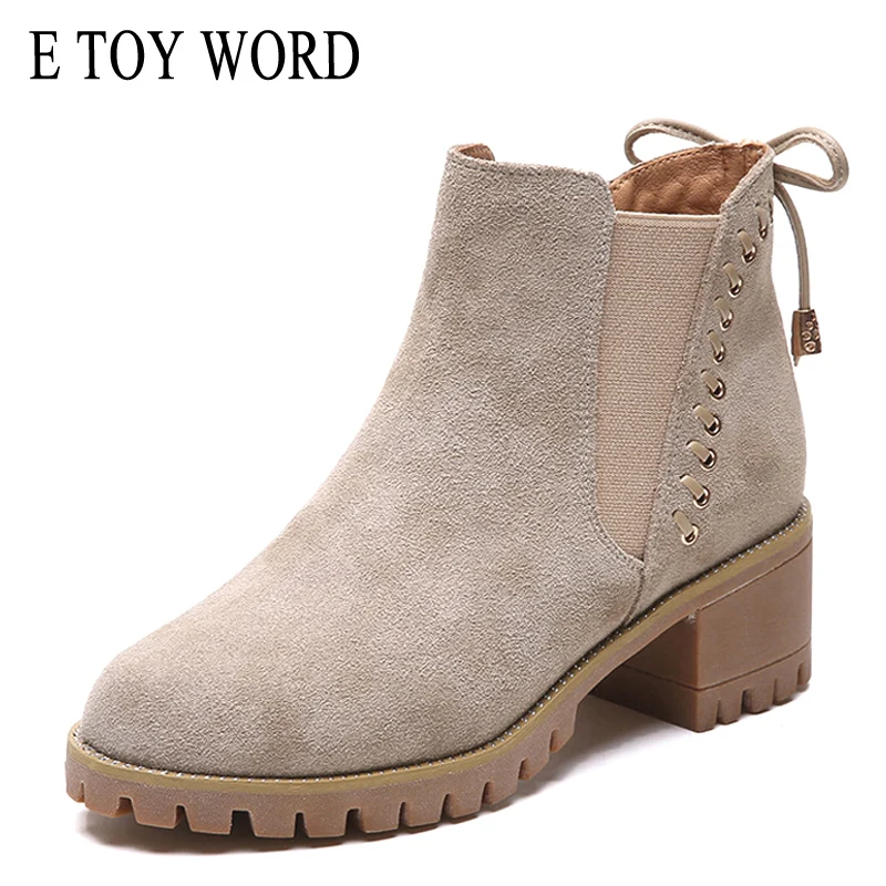 E TOY WORD Autumn Winter Women Boots Black Apricot Short Boots Women Thick Heel slip on Lladies shoes boots bota Feminina