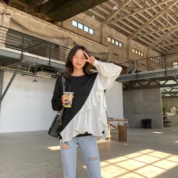

2020 Spring Autumn Chic irregular Hoodies Sweatshirts Women Long sleeve Splicing fake two Pullovers hoodies Ladies Sweatshirts